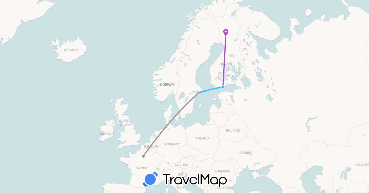TravelMap itinerary: plane, train, boat in Finland, France, Sweden (Europe)